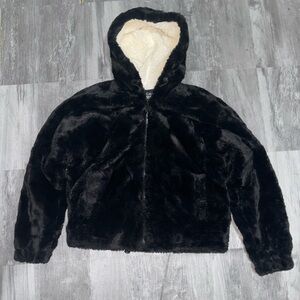 Black Faux Fur Hooded Jacket with Sherpa Lining